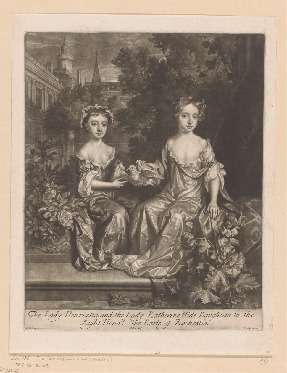 Portret van Henrietta en Katherine Hyde met een duif door John Smith
