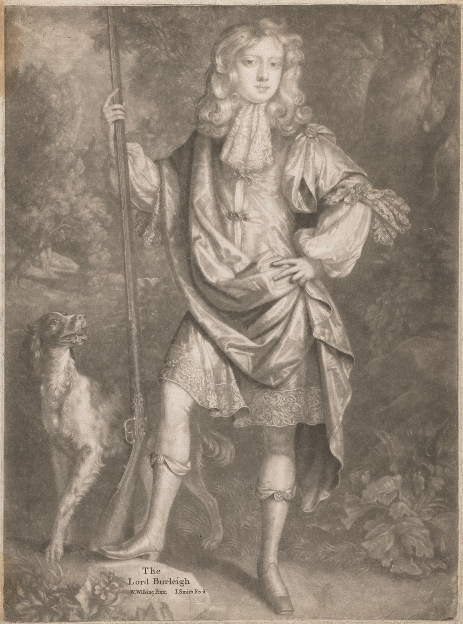 De Heer Burleigh [als jongeling, staand, met een geweer in zijn hand en een spaniël aan zijn zijde] door John Smith