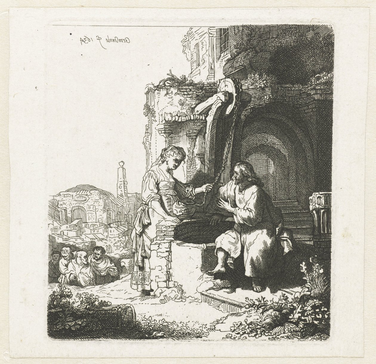 Christus en de vrouw van Samaria tussen ruïnes door John Smith of Chichester