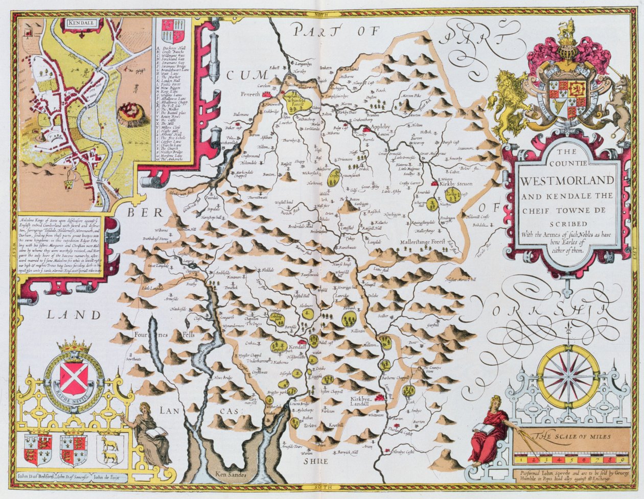 Het Graafschap Westmorland, gegraveerd door Jodocus Hondius (1563-1612) uit John Speeds Theatre of the Empire of Great Britain, uitgegeven door John Sudbury en George Humble, 1611-12 door John Speed
