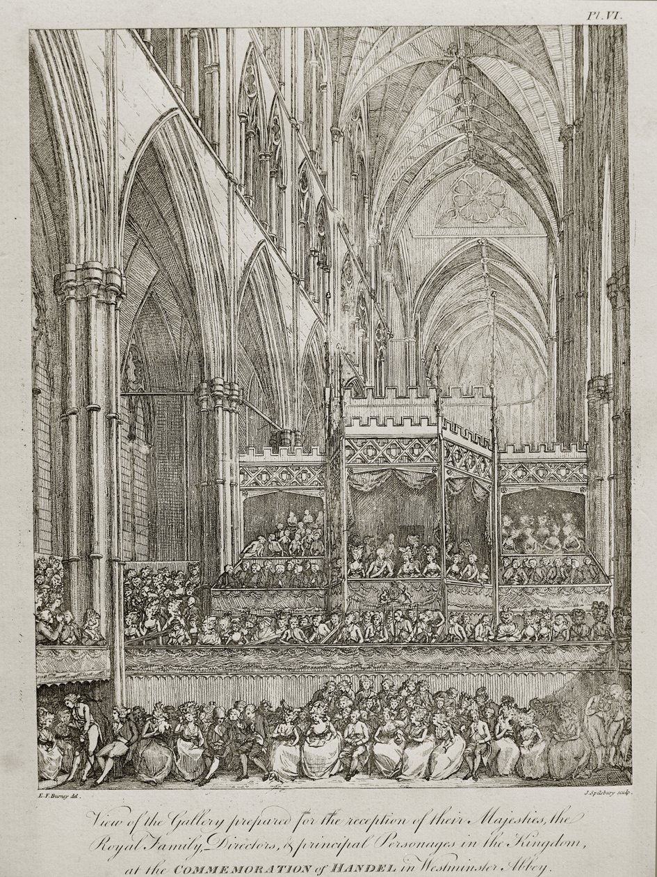 Concert ter herdenking van de 25e verjaardag van het overlijden van George Frederick Handel (1685-1759) - Zicht op de galerij voorbereid voor de ontvangst van hun Majesteiten de Koninklijke Familie door John Spilsbury