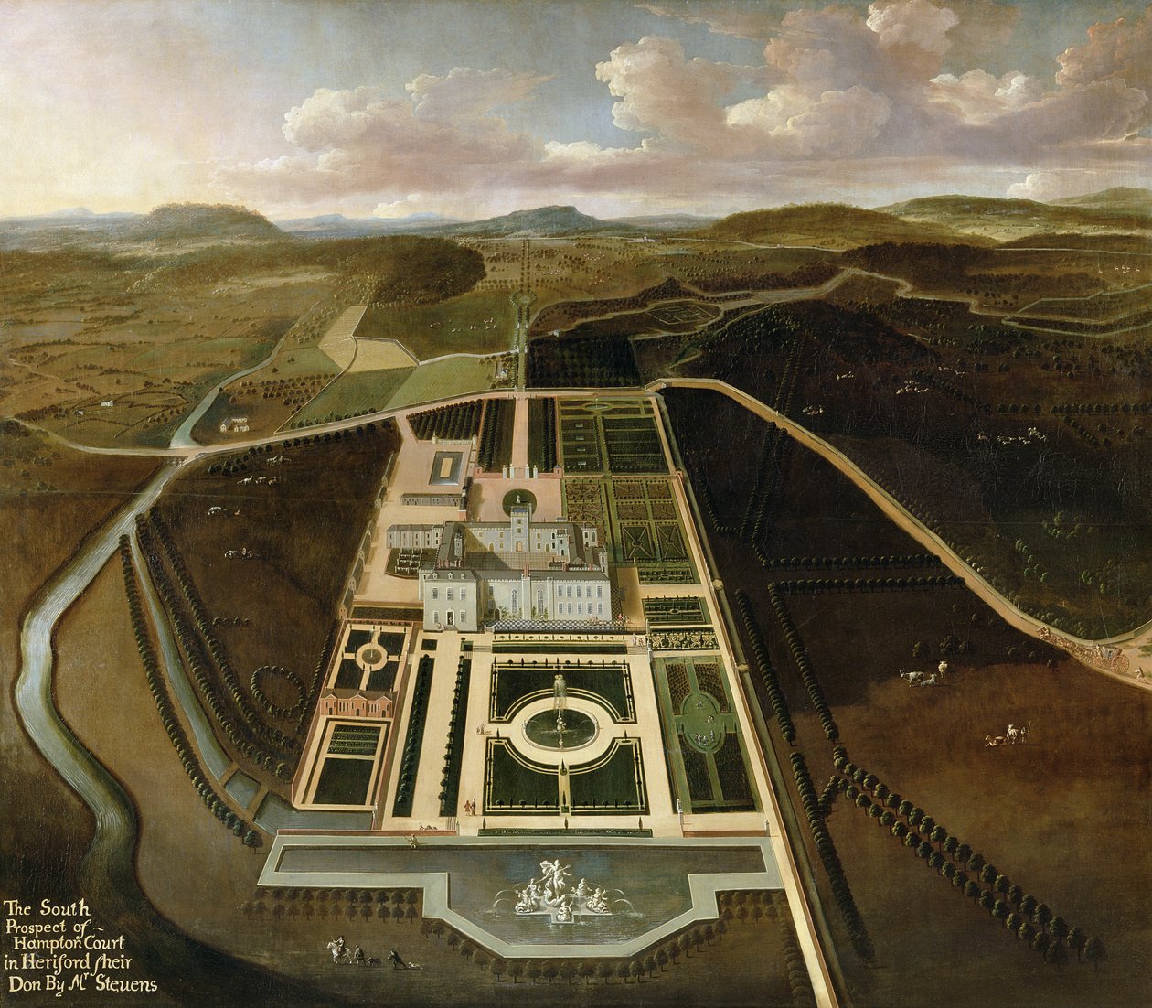 Zuidelijk uitzicht op Hampton Court, Herefordshire, c.1705 door John Stevens