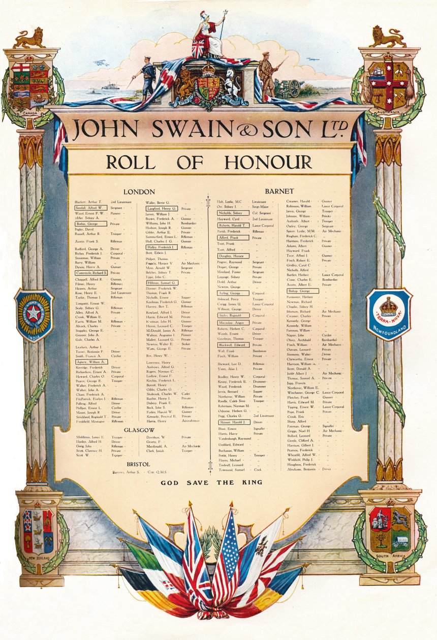 John Swain & Son Ltd. Erelijst, 1917 door John Swain and Son
