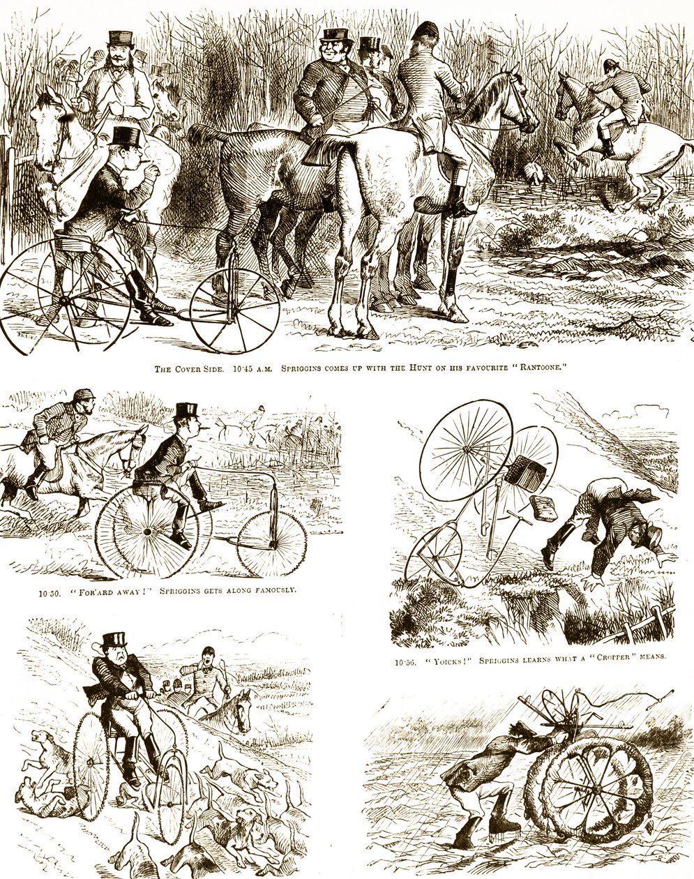 Een cartoon van een man die jaagt op een driewieler. Geïllustreerd door John Tenniel, een Engelse illustrator, grafisch humorist en politiek cartoonist door John Tenniel