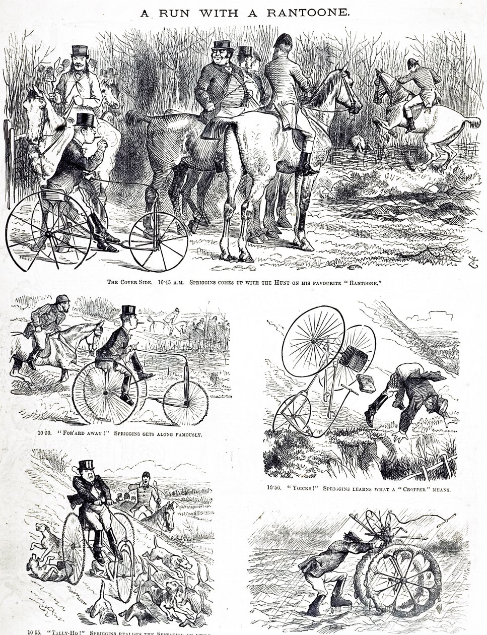 Een cartoon van een man die jaagt op een driewieler door John Tenniel