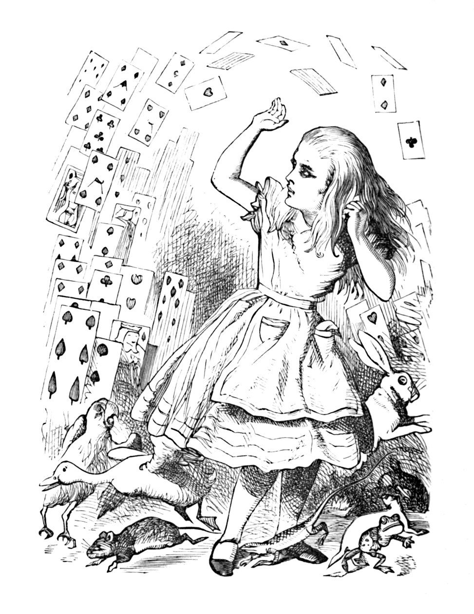 Een pak kaarten vliegt over Alice, 1889 door John Tenniel