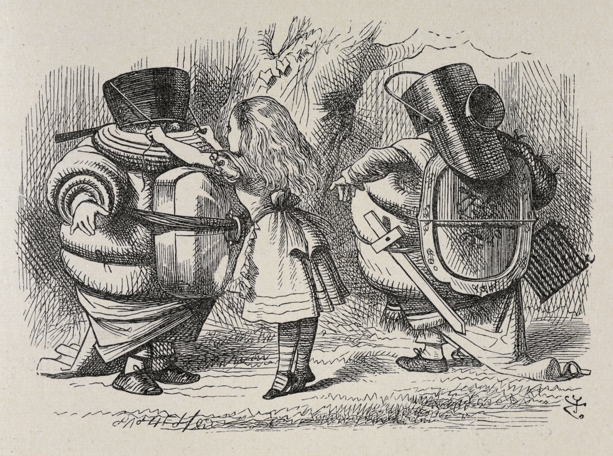 Alice kleedt Tweedledee en Tweedledum aan door John Tenniel