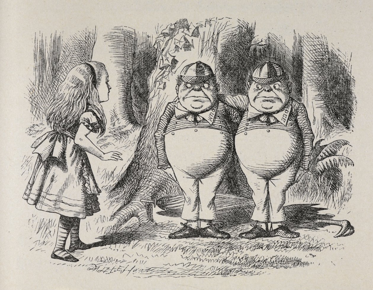 Alice ontmoet Tweedle Dee en Tweedle Dum voor het eerst door John Tenniel