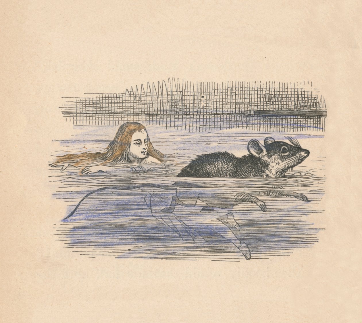 Alice zwemt met een muis in een poel, 1889 door John Tenniel