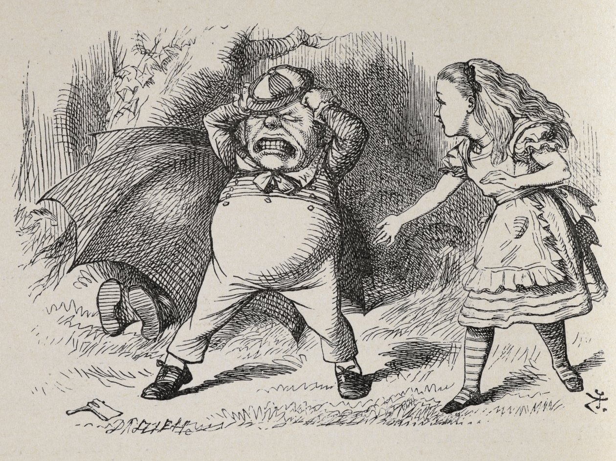 Alice met boze Tweedledum en verstopte Tweedledee door John Tenniel
