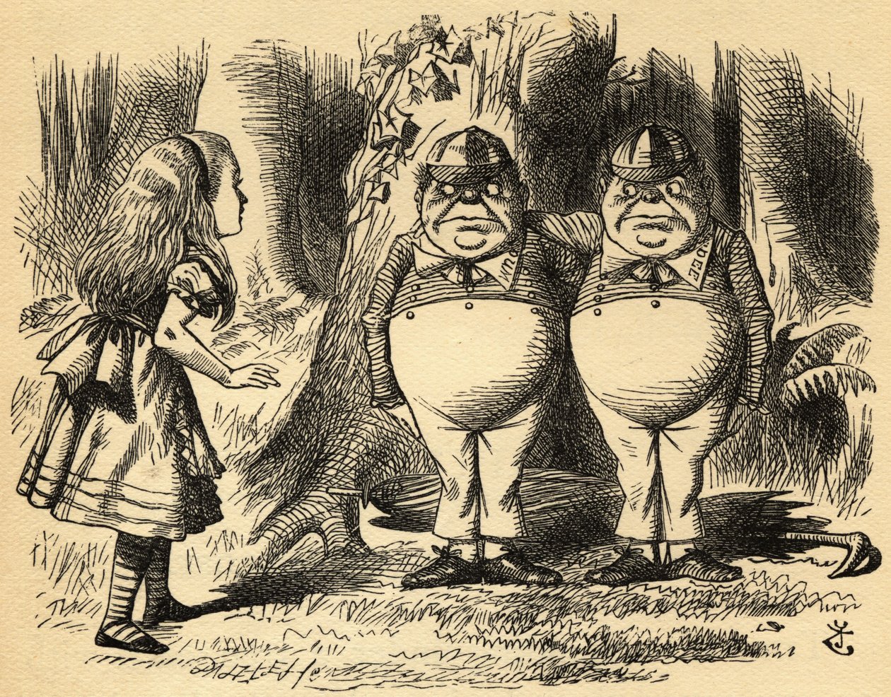 Alice met Tweedledum en Tweedledee. Illustratie door Sir John Tenniel door John Tenniel