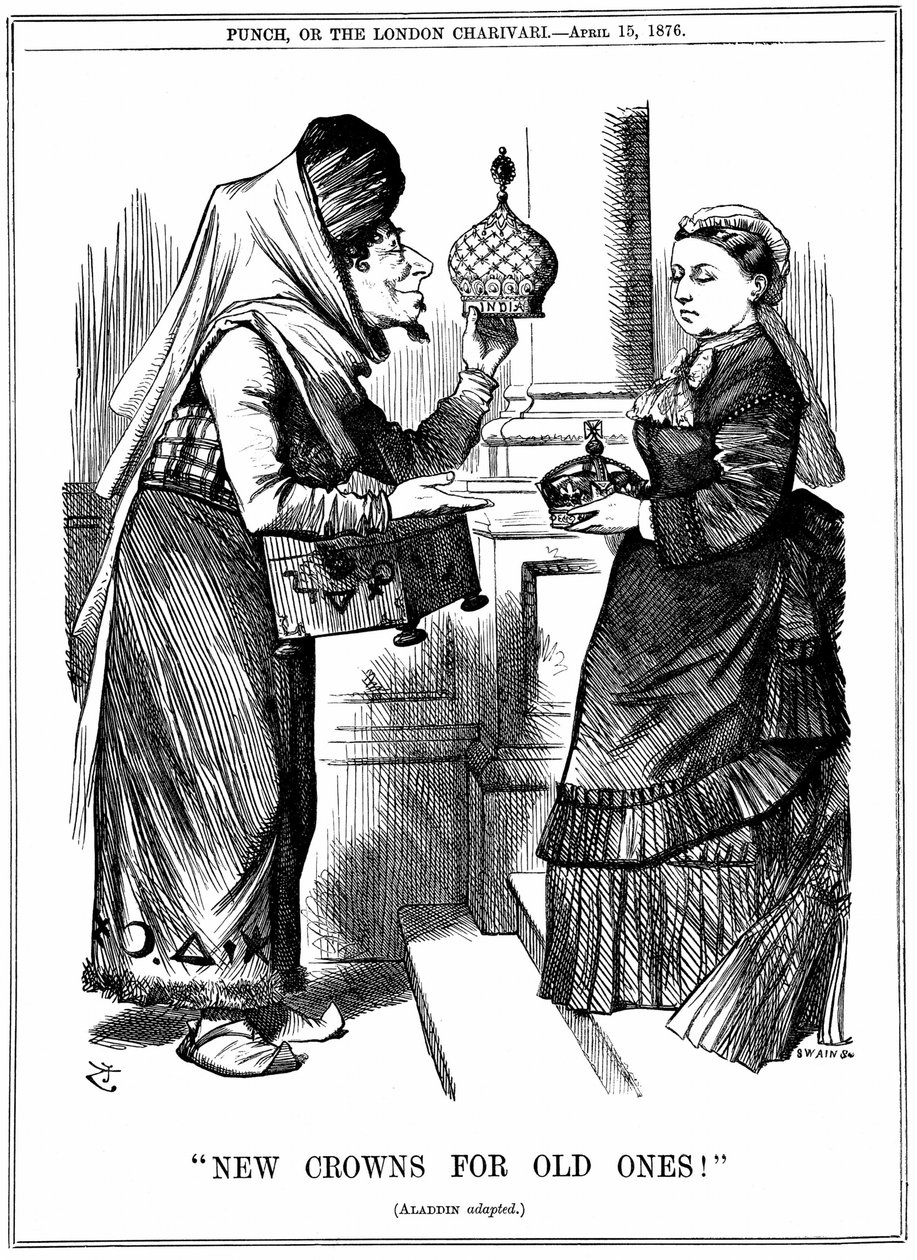 Benjamin Disraeli biedt de kroon van India aan koningin Victoria aan. Ze werd uitgeroepen tot keizerin van India op 1 mei 1876. John Tenniel cartoon uit Punch, Londen, 15 april 1876 door John Tenniel