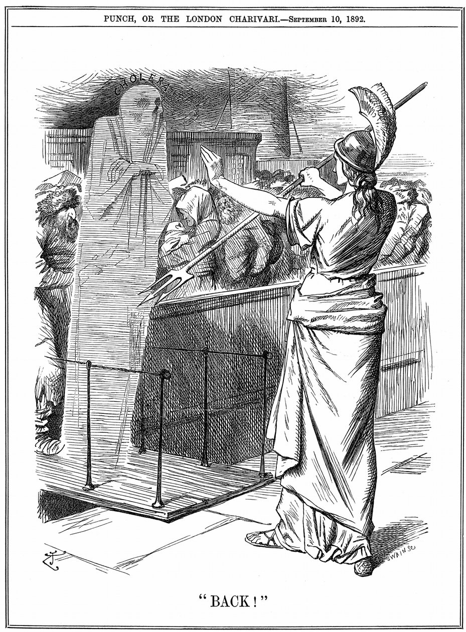 Britannia houdt cholera tegen in Britse havens. Bij de uitbraak van 1892 stierven ongeveer 260.000 mensen in Rusland en 7.600 in Hamburg. De epidemie werd in Groot-Brittannië voorkomen. John Tenniel cartoon uit Punch Londen 10 september 1892. door John Tenniel
