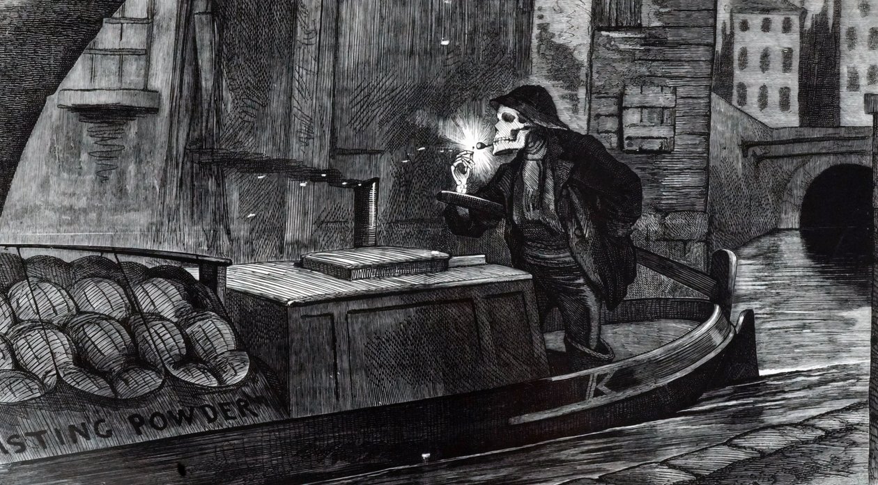 Campagnecartoon door John Tenniel die suggereert dat het Parlement veiligheidsvoorschriften moet invoeren voor de behandeling en het transport van explosieven na de vernietiging van een schuit met buskruit op het Regent