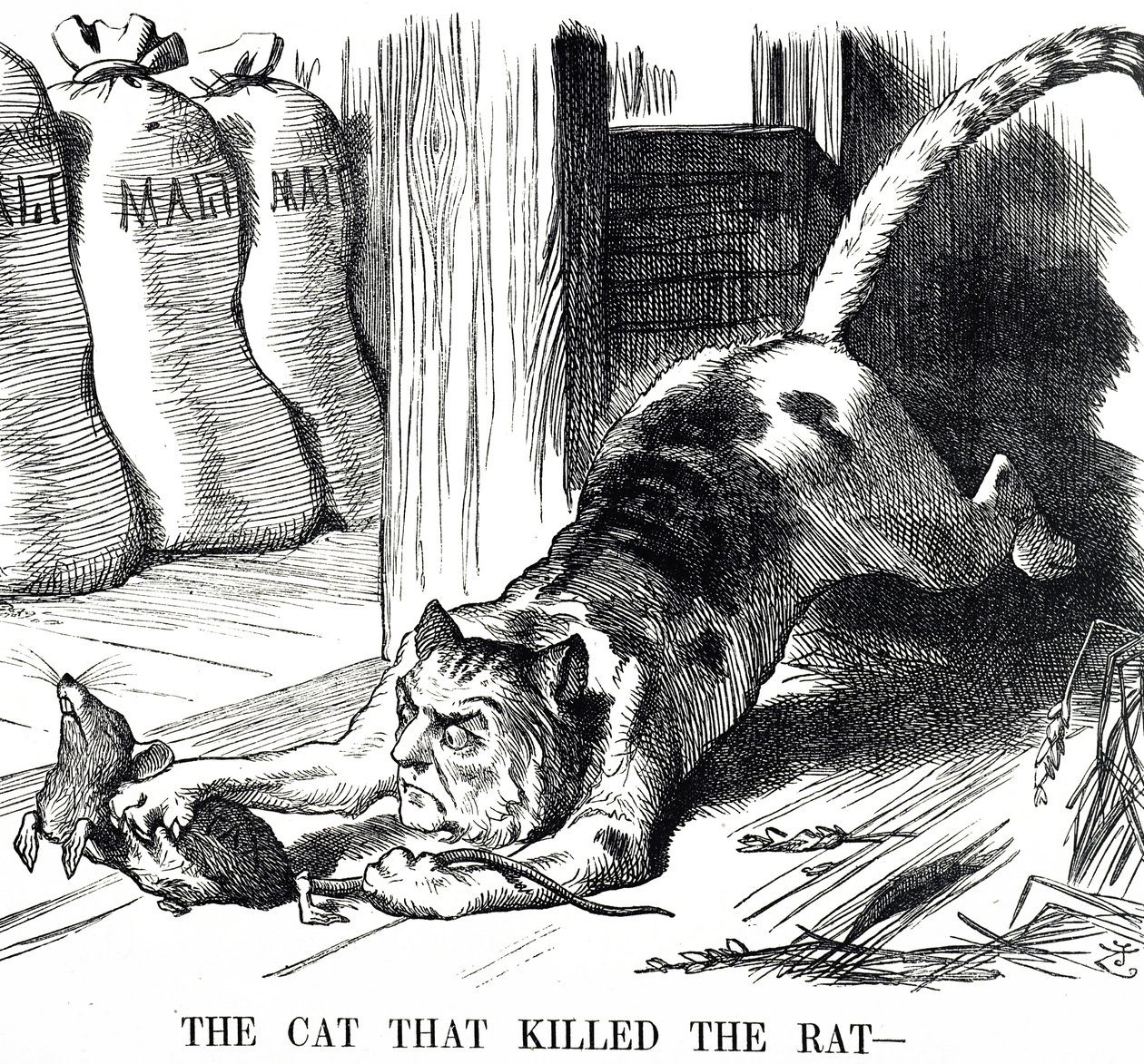 Cartoon die commentaar geeft op de afschaffing van de moutbelasting in 1880 door John Tenniel