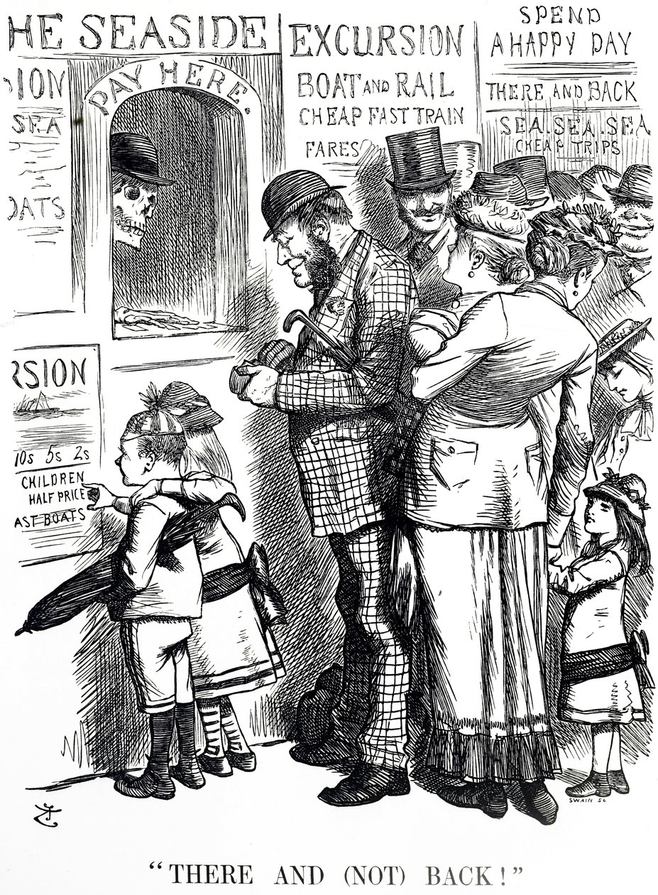 Cartoon over de frequentie van ongevallen op overvolle excursietreinen door John Tenniel