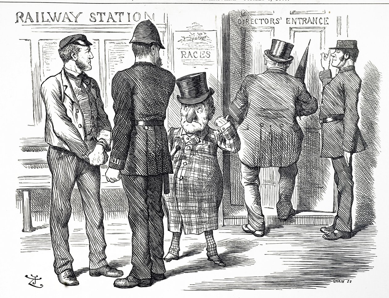 Cartoon over de oproepen om een bloksignaalsysteem verplicht te stellen op de Britse spoorwegen door John Tenniel