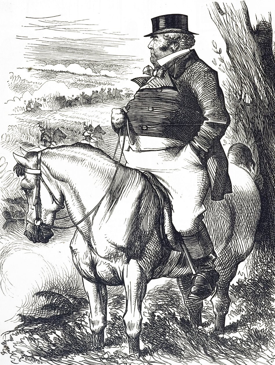 Cartoon van John Bull die de herfstmanoeuvres bekijkt door John Tenniel
