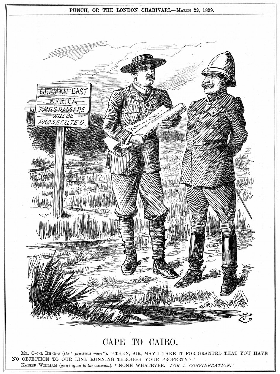 Cecil John Rhodes, Engels-Zuid-Afrikaanse staatsman, vraagt de Duitse keizer om toestemming om een telegraaflijn door Duits Oost-Afrika te leggen. Kaap naar Caïro, cartoon door John Tenniel uit Punch, Londen, 22 maart 1899. Gravure door John Tenniel