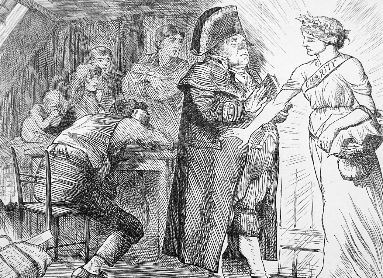 Liefdadigheid veegt de protesten van meneer Brumble opzij in haar vastberadenheid om hulp te bieden aan arme gezinnen in nood door John Tenniel