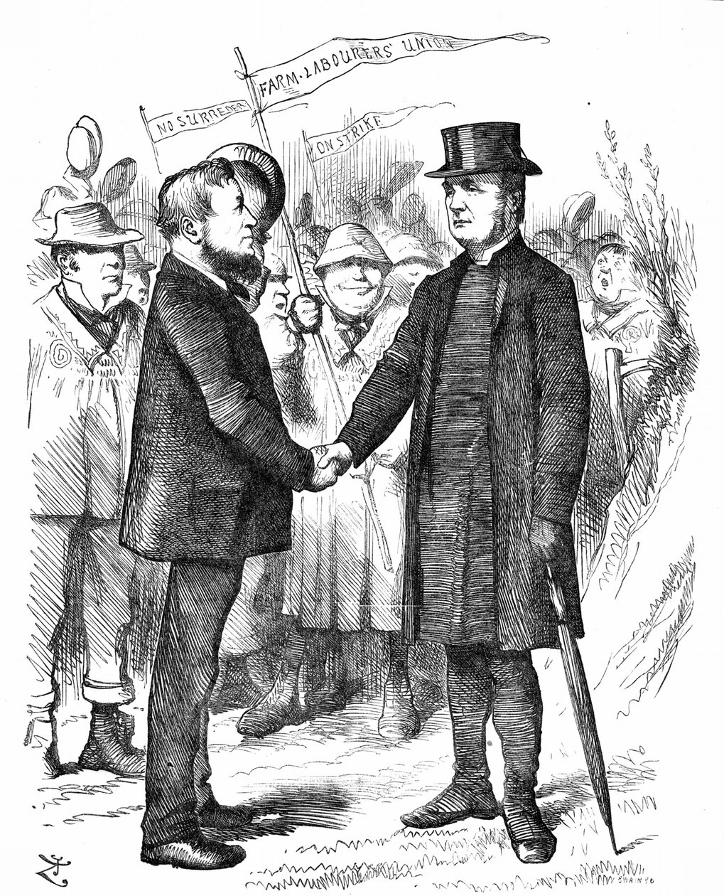 Joseph Arch (1826-1919) Engelse vakbondsleider, politicus en landarbeider. Oprichter van de National Union of Farm Labourers. Arch begroet de bisschop van Manchester die de vakbond steunde in een brief aan The Times. John Tenniel cartoon uit Punch, Londen door John Tenniel