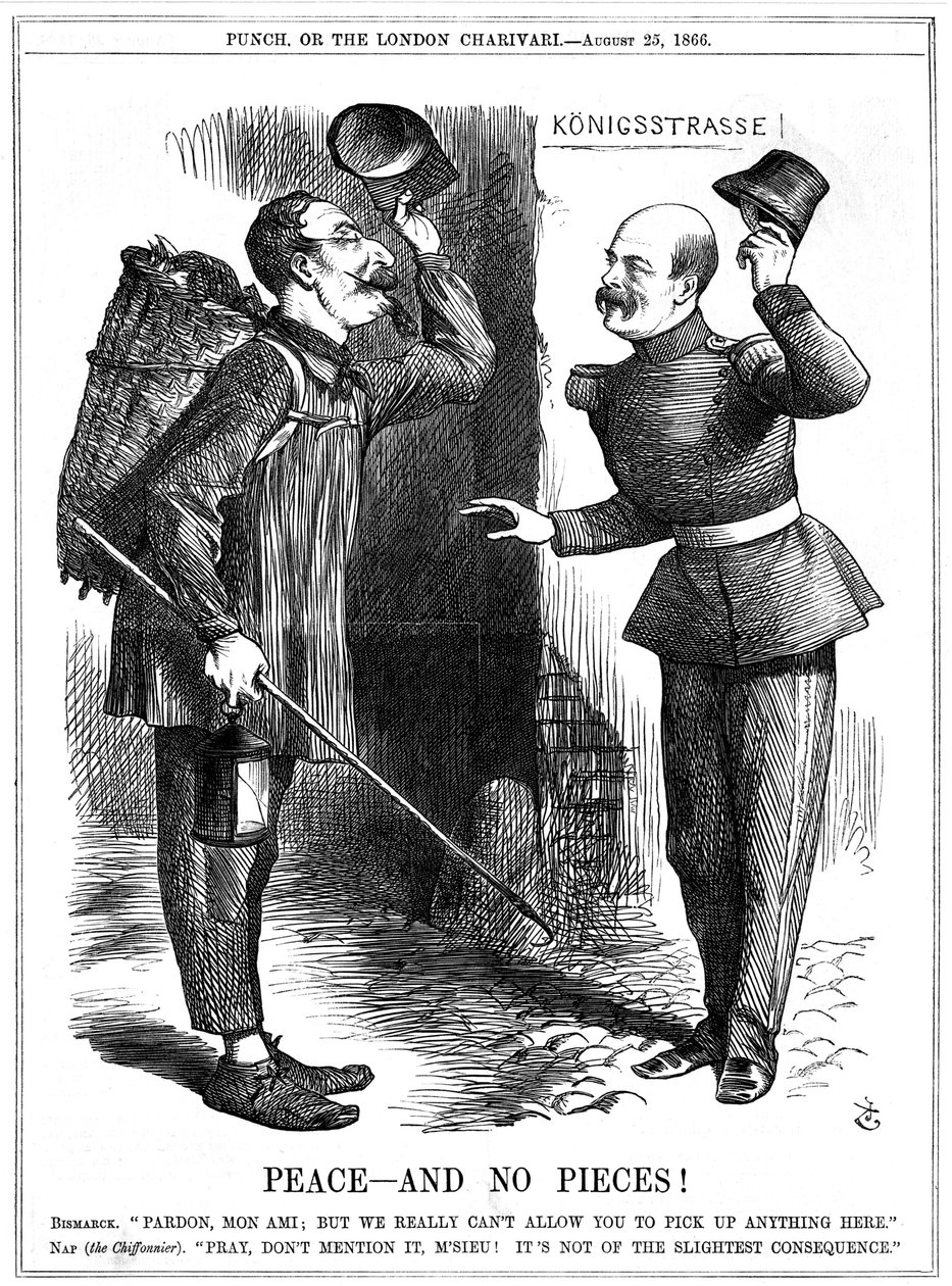 Napoleon III, Franse keizer 1852-1870, verkleed als voddenraper (Chiffonnier), gewaarschuwd door Otto von Bismarck, de Pruisische kanselier. Napoleons territoriale ambities leidden tot de Frans-Pruisische Oorlog van 1870-71. John Tenniel cartoon uit Punch, door John Tenniel