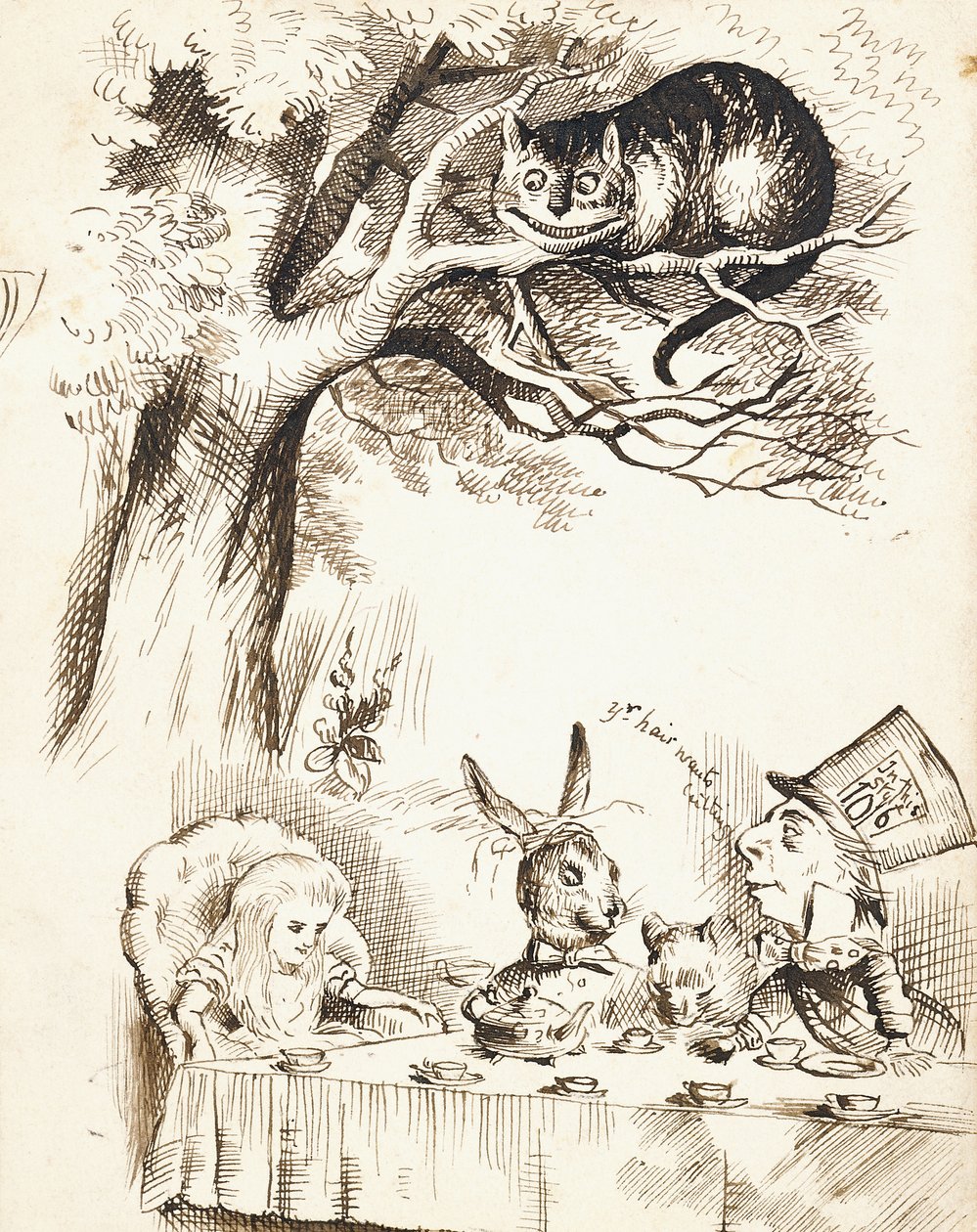 Scène uit Het Theekransje van de Gekke Hoedenmaker, ca. 1865 door John Tenniel