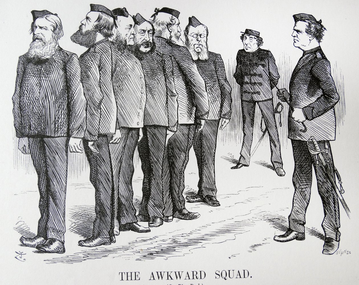 THE AWKWARD SQUAD. John Tenniel cartoon. De moeilijkheden die Disraeli had met verschillende meningen in zijn kabinet over beleid inzake de Russisch/Turkse oorlog door John Tenniel