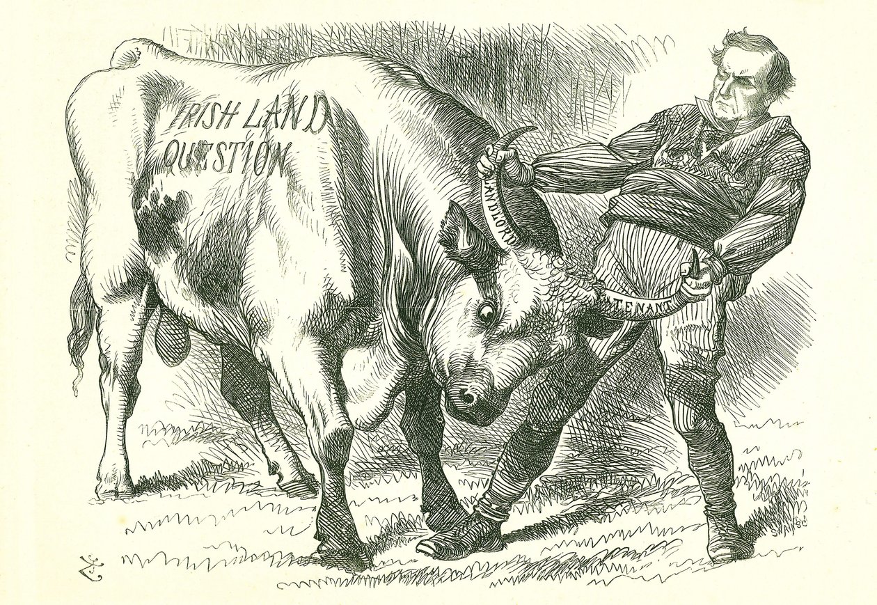 De (Ierse) stier bij de horens vatten: Wet aangenomen door het parlement op 15 februari 1870 en kreeg koninklijke goedkeuring op 8 juli. William Gladstone, premier, behandelt de kwestie. John Tenniel cartoon uit Punch, Londen, 26 februari 1870. door John Tenniel
