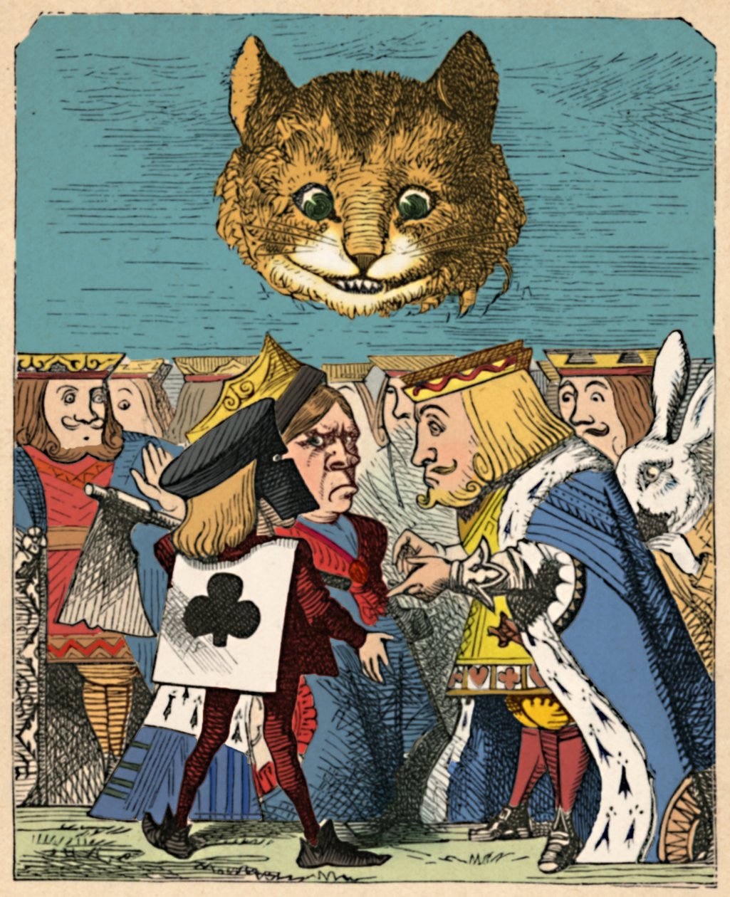 De Cheshire Cat kijkt neer op de Rode Koning en Koningin die ruzie maken, 1889 door John Tenniel