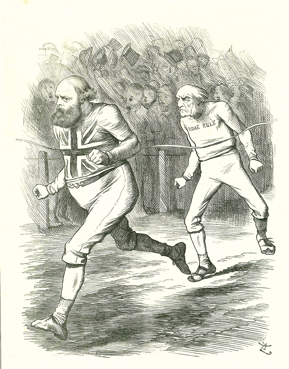 De Finish: Algemene Verkiezingen 1886. Gladstone (Liberaal) ging naar het land over zijn Home Rule voor Ierland wetsvoorstel. Salisbury (Conservatieve oppositie) verslaat Gladstone bij de finish. John Tenniel cartoon uit Punch, Londen door John Tenniel