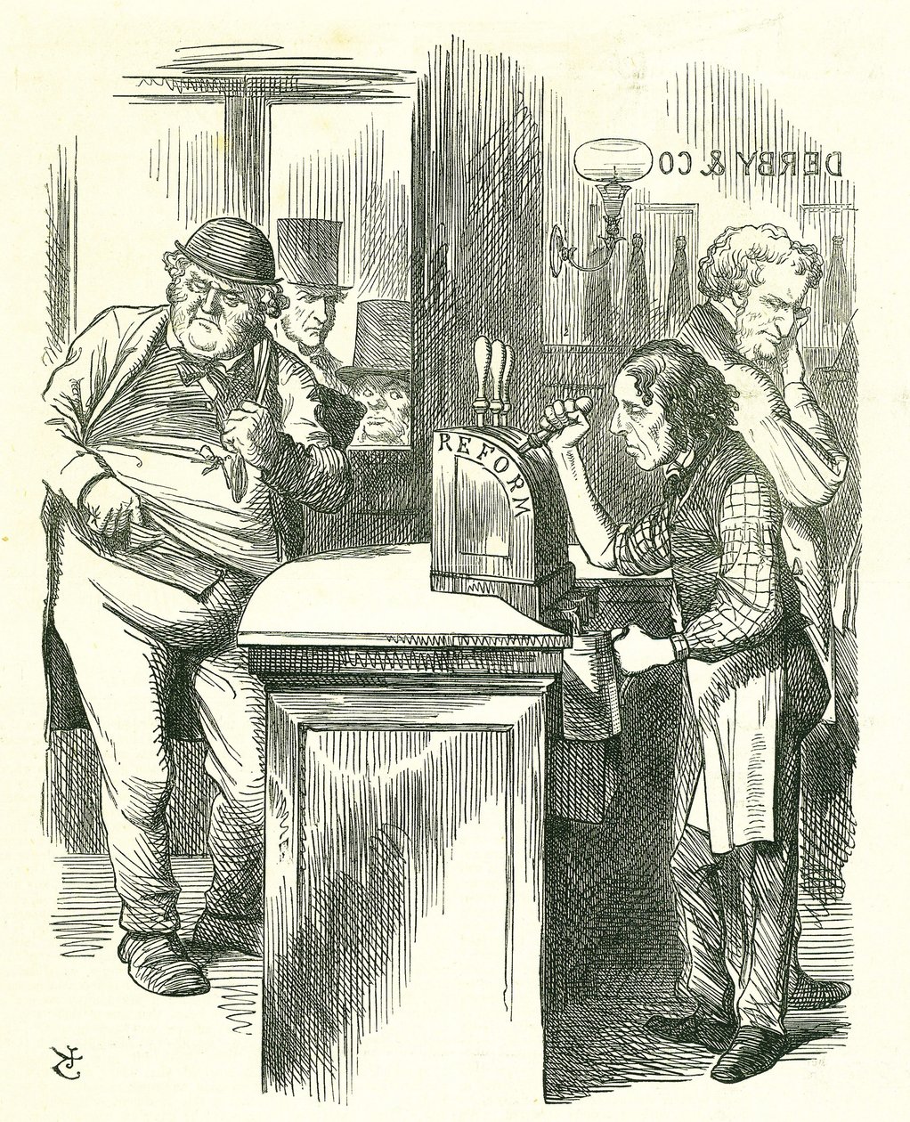 De Eerlijke Potjongen: Hervorming van het Parlement - uitbreiding van het kiesrecht. Disraeli serveert hervorming aan John Bull, gadegeslagen door zijn parlementaire oppositie. Hij introduceerde en voerde zijn Hervormingswet in. Tenniel cartoon uit Punch,  door John Tenniel