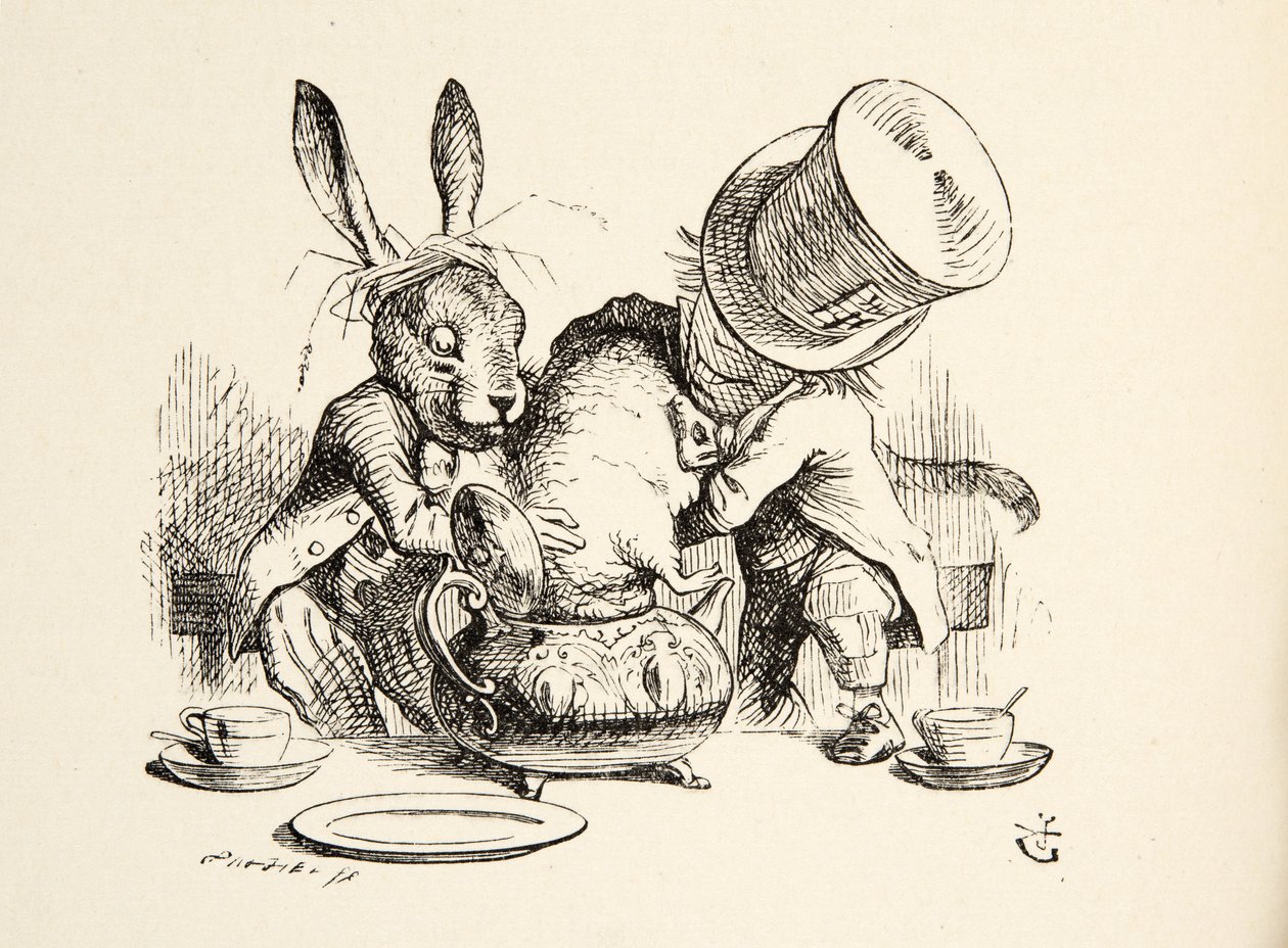 De Gekke Hoedenmaker en de Maartse Haas stoppen de Zevenslaper in de Theepot, uit Alice