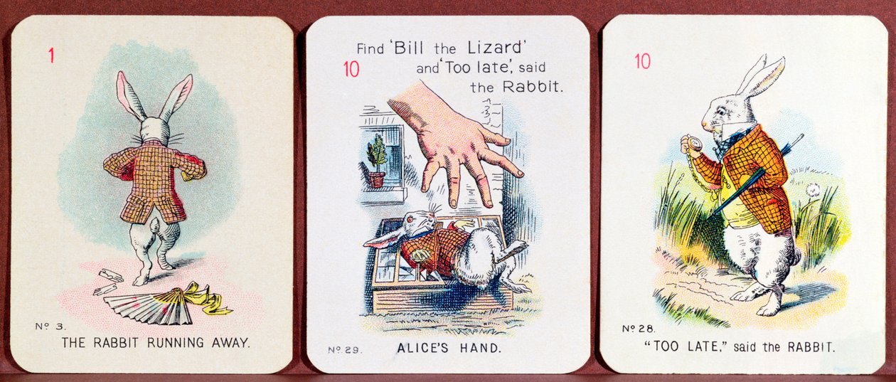 Drie Happy Family kaarten met personages uit Alice in Wonderland door Lewis Carroll door John Tenniel