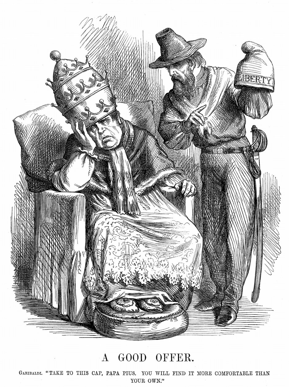 Eenwording van Italië: Giuseppe Garibaldi (180718-82) probeert paus Pius IX te overtuigen dat de Vrijheidsmuts veel comfortabeler zou zijn dan de pauselijke kroon. John Tenniel cartoon uit Punch, Londen, 29 september 1860. Houtsnede. door John Tenniel