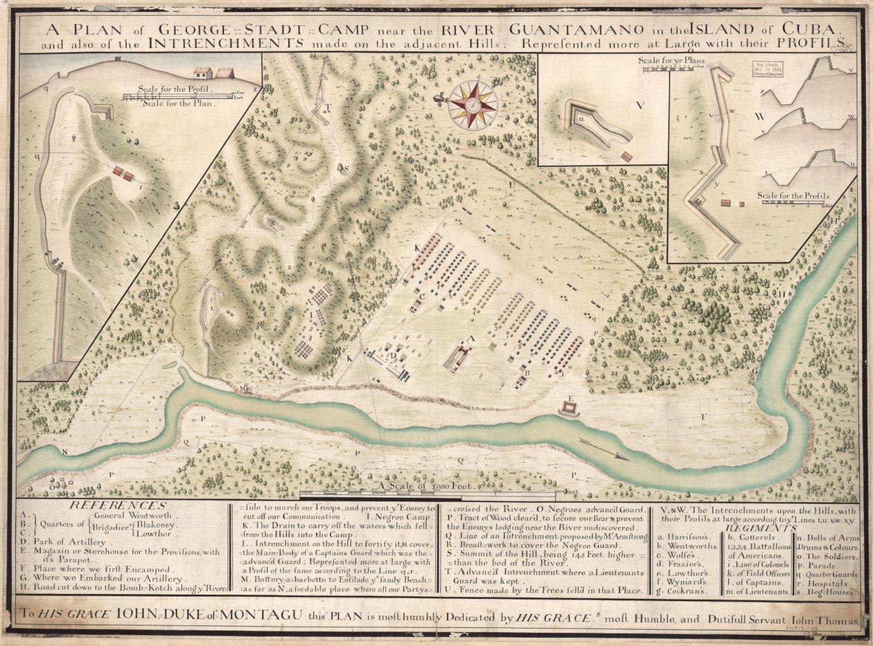 Een plattegrond van George Stadt Camp bij de rivier Guantamano op het eiland Cuba en ook van de schansen op de aangrenzende heuvels, in het groot weergegeven met hun profielen LOC 2010592464 door John Thomas