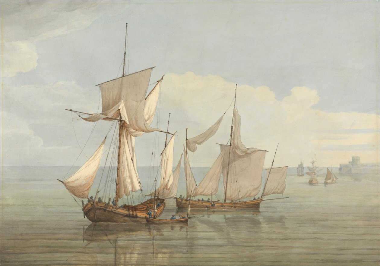 Een Hoy en een Lugger met andere schepen op een kalme zee door John Thomas Serres