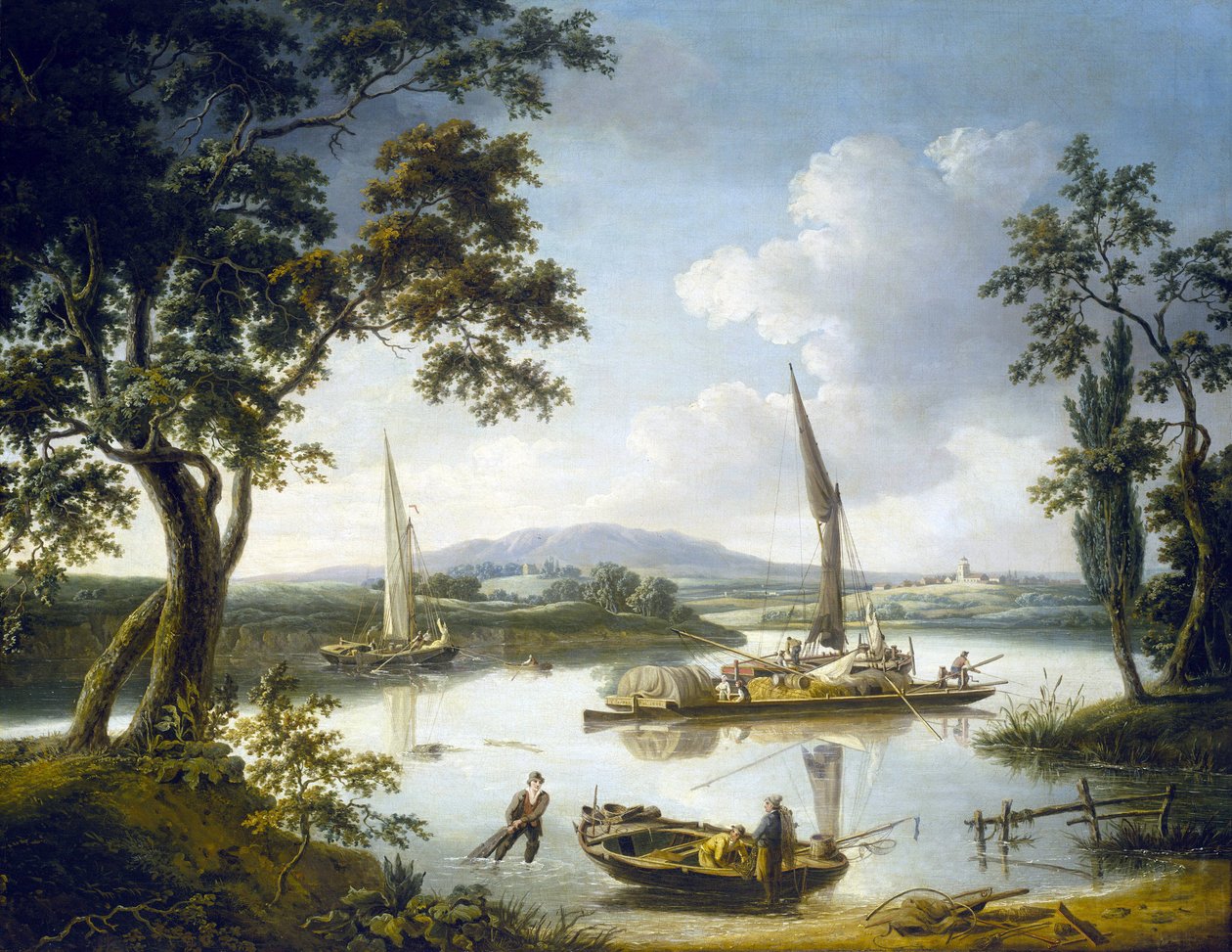 Uitzicht op de Theems in Shillingford (Engeland), met Dorchester Abbey aan de horizon door John Thomas Serres