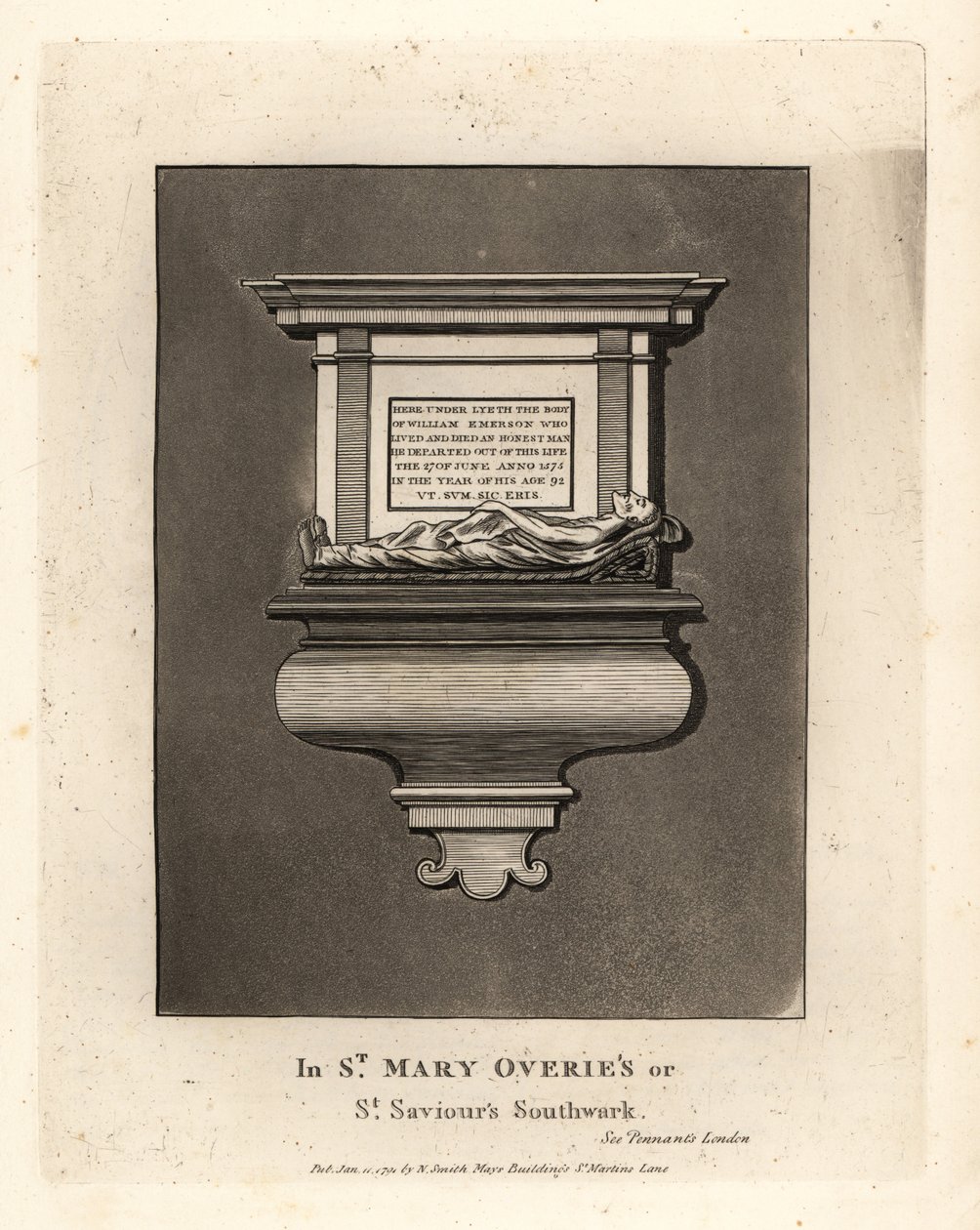Grafbeeld en monument voor eerlijke man William Emerson, overleden 1575, in St Mary Overie