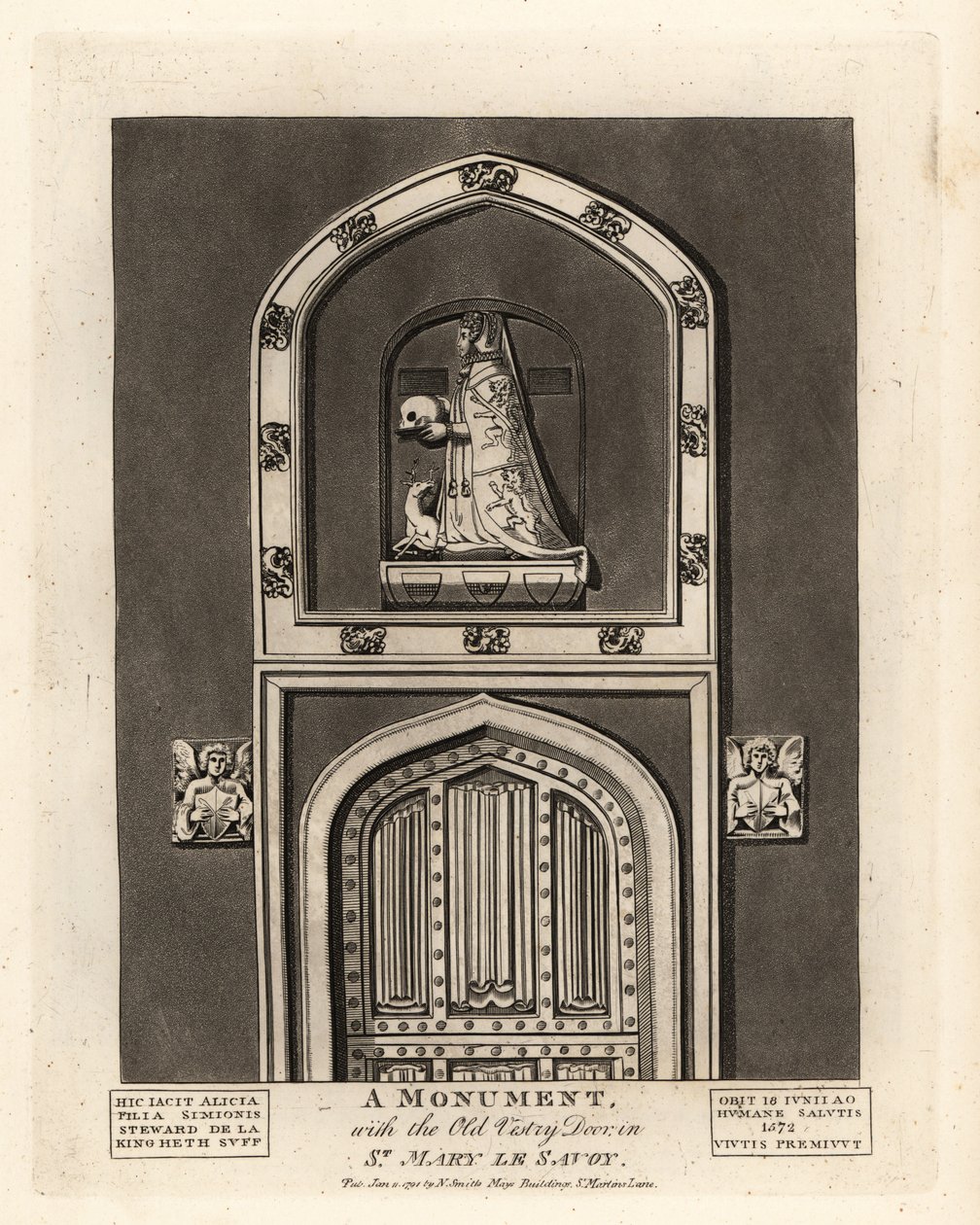 Grafbeeld van Alicia, dochter van Simon Steward, met de Oude Vestry Deur in St Mary le Savoy door John Thomas Smith