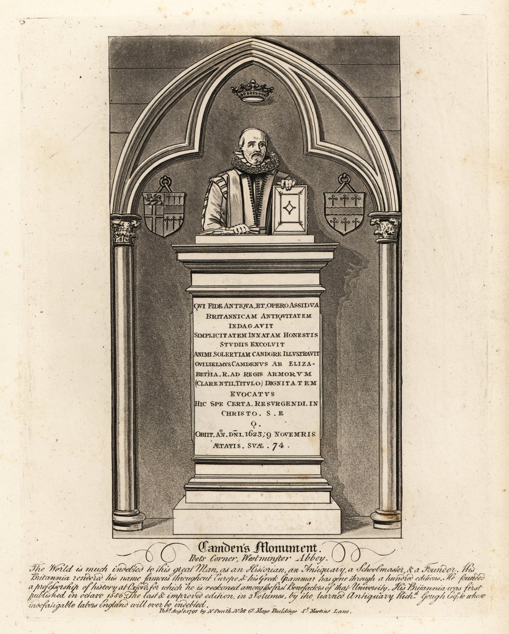 Grafmonument voor de Elizabethaanse antiquair en herald William Camden, overleden 1623, in Poets Corner, Westminster Abbey door John Thomas Smith