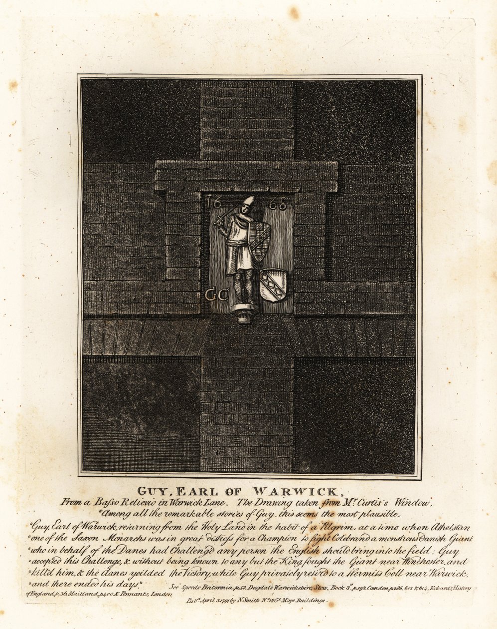 Guy, graaf van Warwick, van een basso-relievio in Warwick Lane door John Thomas Smith