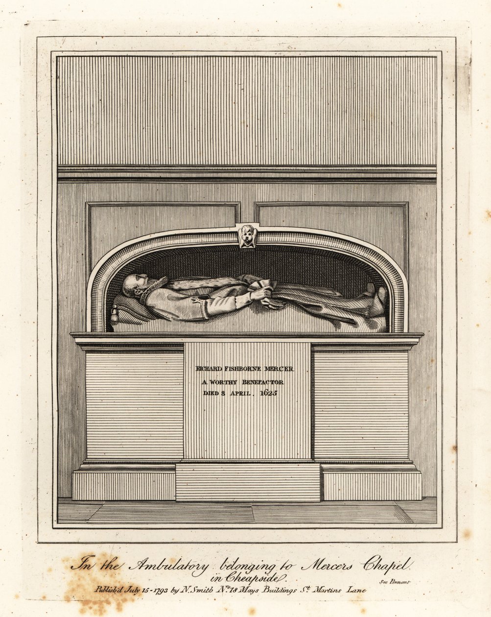 Monument voor Richard Fishbourne Mercer, overleden 1625, in de Ambulatorium in Mercers Chapel, Cheapside door John Thomas Smith