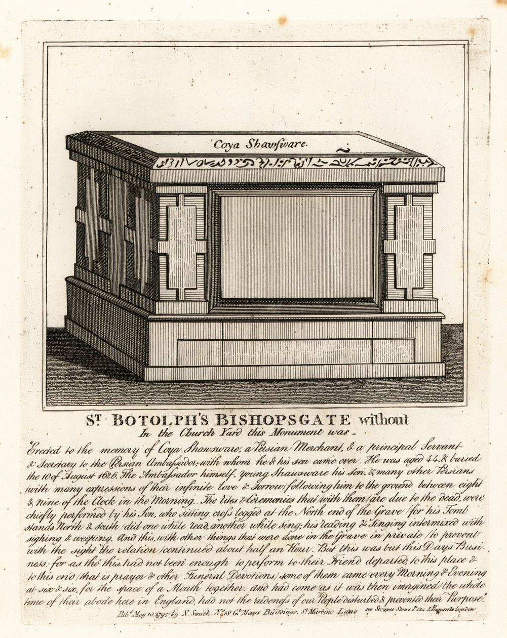 Moslim grafmonument in altaarstijl voor Coya Shawsware, of Khwaja Shahsuwar (1582-1626), een koopman en secretaris van Nogdi beg de Perzische ambassadeur, voorheen in St Botolphs, Bishopsgate door John Thomas Smith