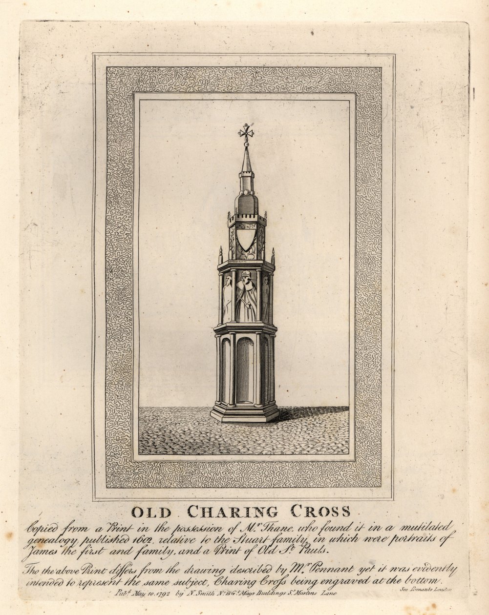 Oud Charing Cross, een van de 12 middeleeuwse Eleanor Kruisen, opgericht in de jaren 1290 tot de verwijdering in 1647 door John Thomas Smith