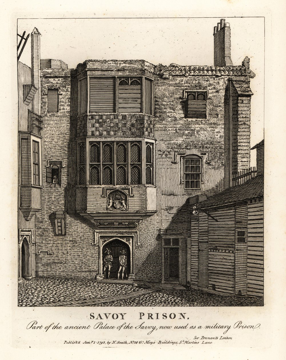 Savoy Gevangenis, deel van het oude Paleis van de Savoy, gebruikt als militaire gevangenis in de 18e eeuw door John Thomas Smith