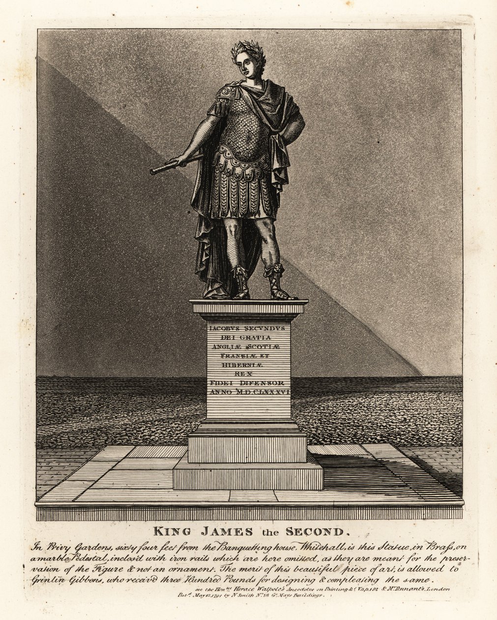 Standbeeld van koning James II van Engeland in kostuum als Romeinse keizer, Jacobus Seundus, ontworpen door Grinling Gibbons, in de Privy Gardens door John Thomas Smith