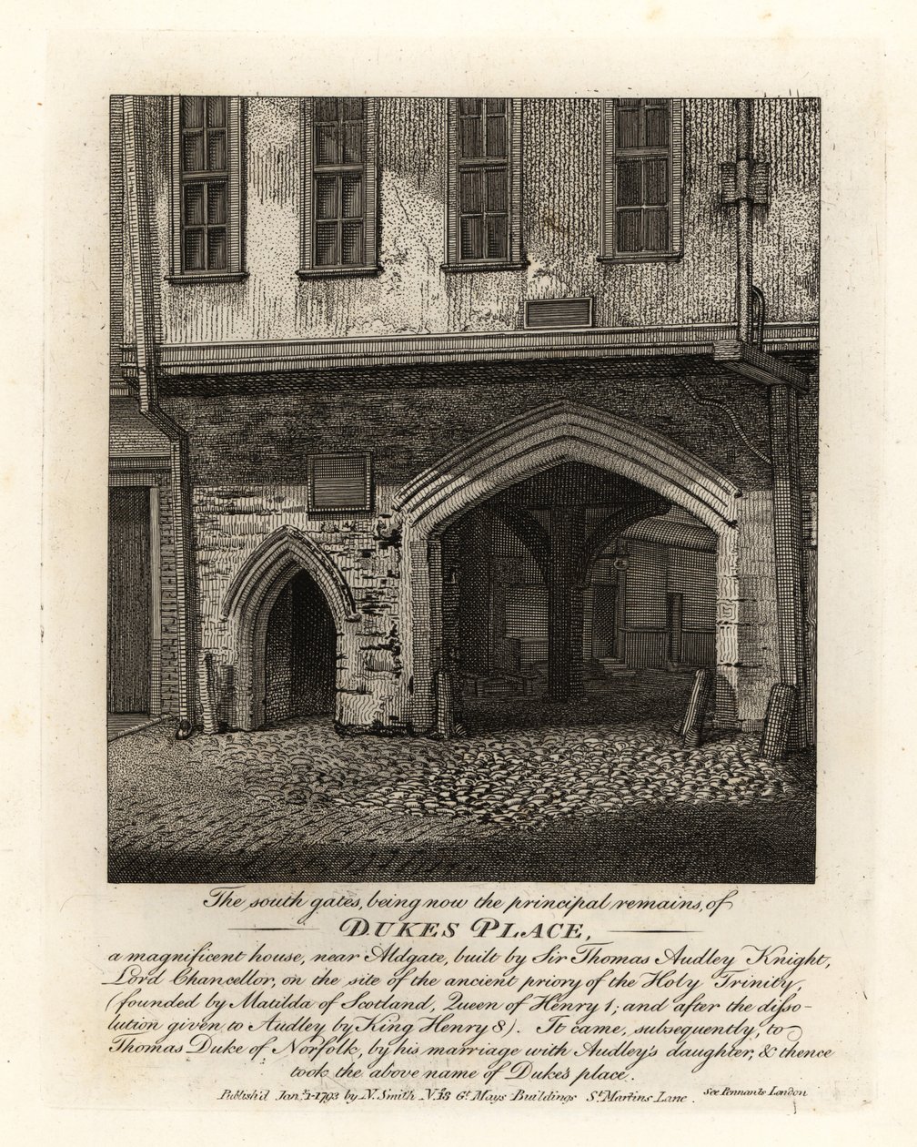 De ruïnes van de Zuidelijke Poorten van Dukes Place, gebouwd door Sir Thomas Audley (1488-1544) nabij Aldgate door John Thomas Smith