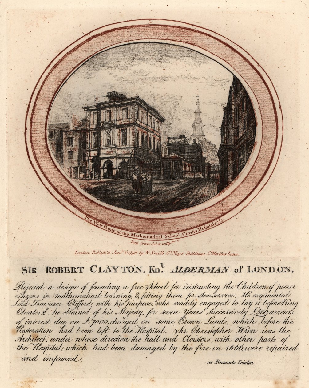 De westelijke gevel van de Wiskundeschool, Christs Hospital door John Thomas Smith