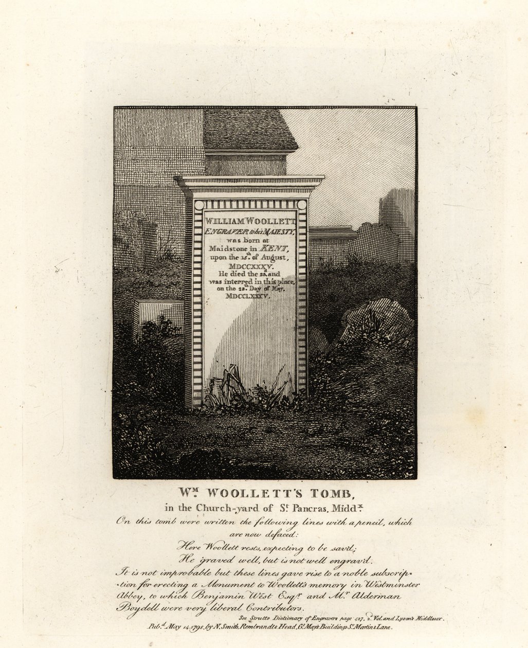 Graf van koninklijke graveur William Woollett, overleden 1735, op het kerkhof van St Pancras, Middlesex door John Thomas Smith